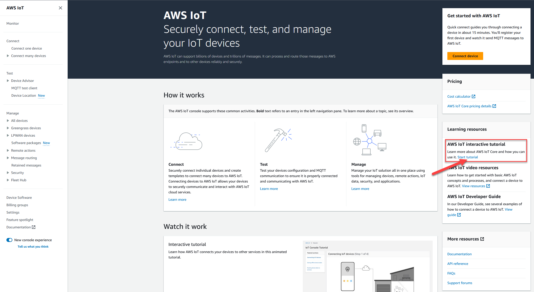 Ini adalah halaman beranda AWS IoT konsol.
