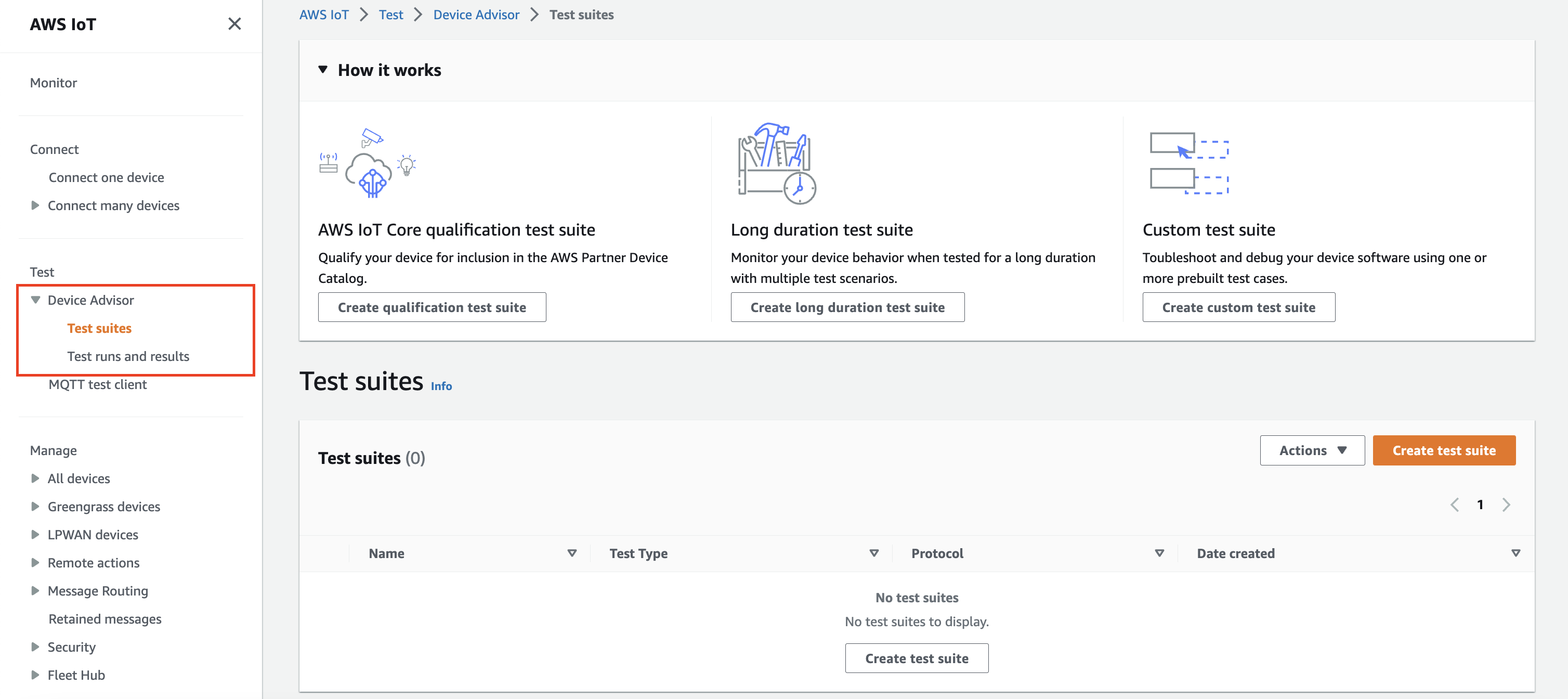 Antarmuka Device Advisor dengan opsi untuk membuat rangkaian pengujian untuk perangkat yang memenuhi syarat, menjalankan pengujian durasi panjang, dan rangkaian pengujian khusus.