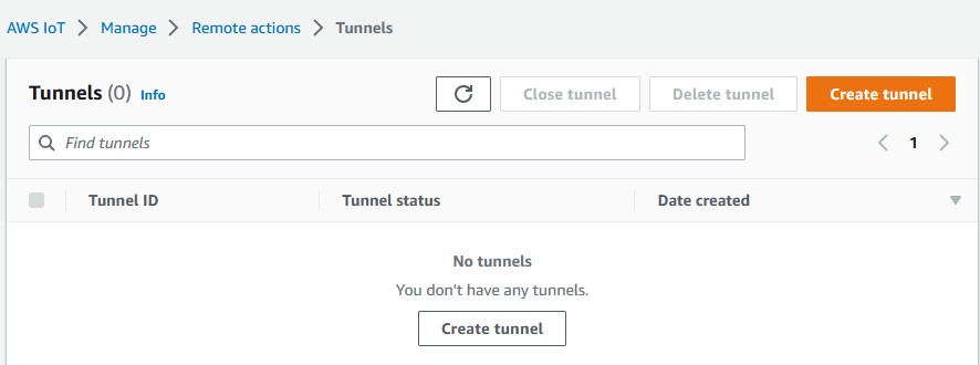 AWS IoT konsol yang menampilkan daftar terowongan kosong dengan opsi untuk membuat, menutup, atau menghapus terowongan.