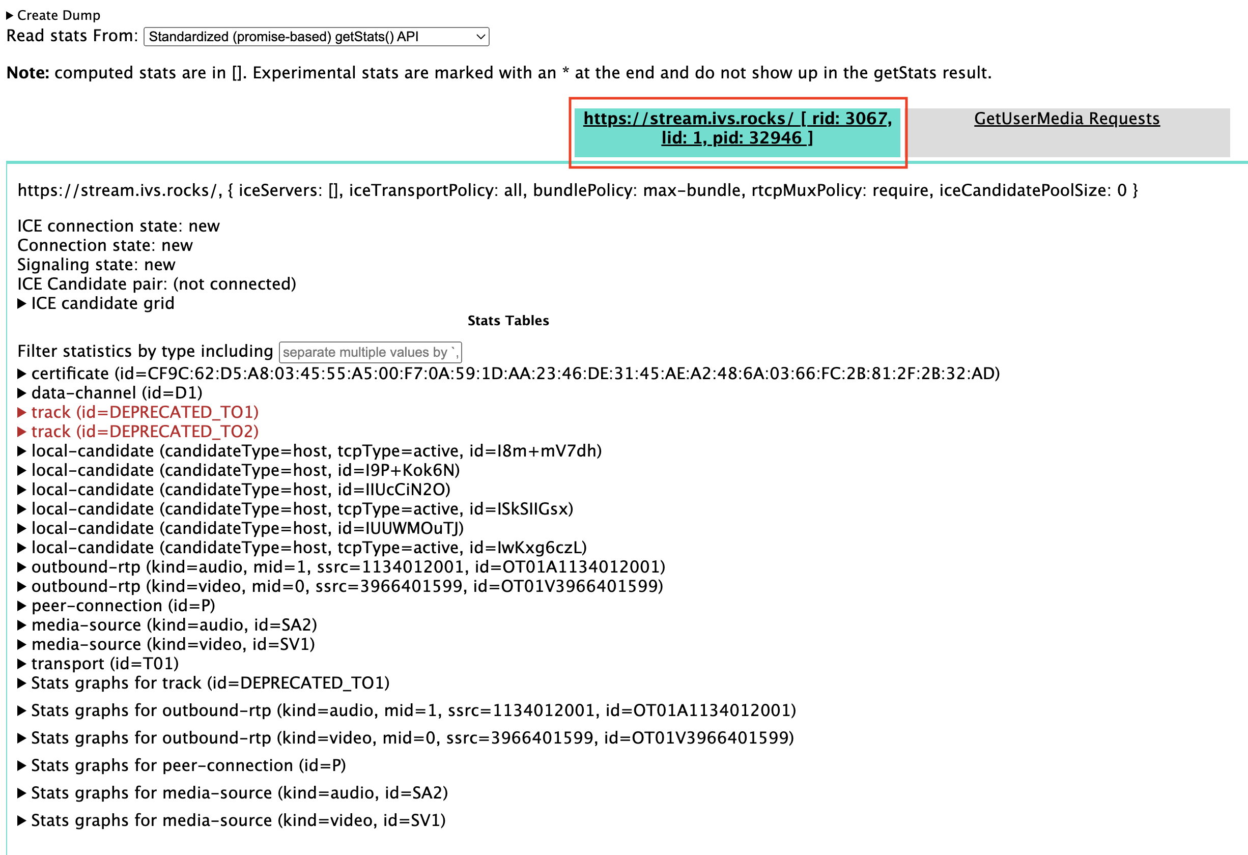 Tab Chrome webrtc-internals, menunjukkan bahwa halaman yang benar ditampilkan.