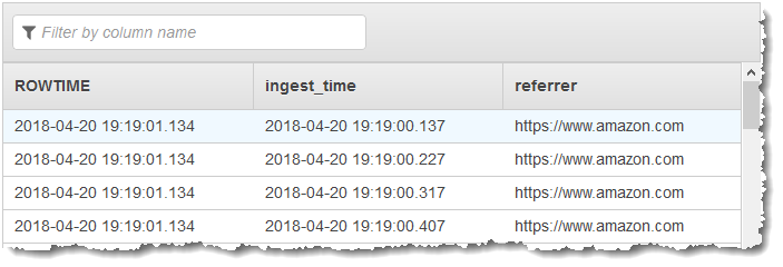 Tangkapan layar konsol yang menunjukkan tabel data yang dihasilkan dengan kolom ROWTIME, ingest_time, dan referrer.