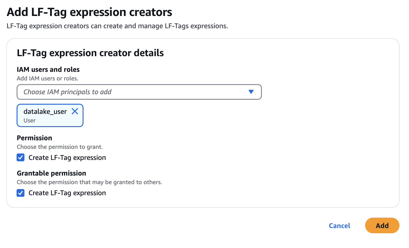 Form to add LF-Tag expression creators with Pengguna IAM selection and permissions.