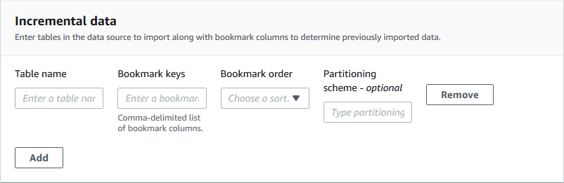 Bagian data tambahan konsol mencakup bidang-bidang ini: Nama tabel, Tombol bookmark, Urutan bookmark, Skema partisi. Anda dapat menambah atau menghapus baris, di mana setiap baris adalah untuk tabel yang berbeda.