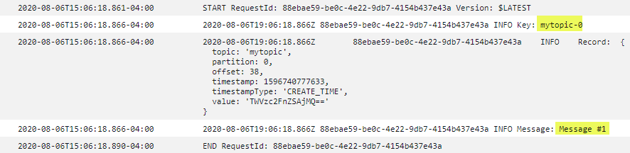 Peristiwa log masuk CloudWatch dengan pesan yang sesuai dengan informasi peristiwa yang diekstraksi oleh kode yang disediakan.