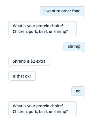 
            Percakapan yang memunculkan preferensi daging pelanggan untuk pesanan makanan.
        