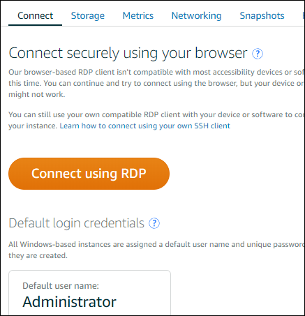 Buka klien RDP berbasis browser melalui tab Connect.