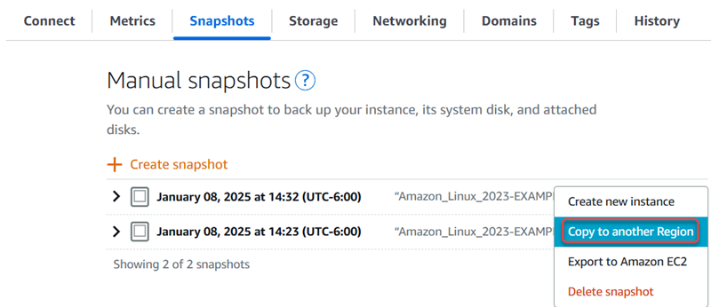 
            Salin snapshot ke Wilayah lain di konsol Amazon Lightsail.
          