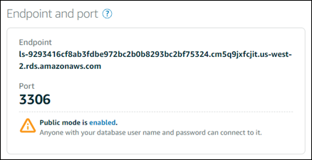 Database endpoint dan port di konsol Lightsail