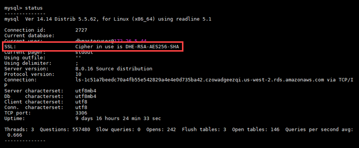 Status koneksi basis data MySQL.