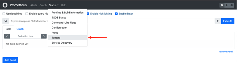 Opsi menu target di dasbor Prometheus