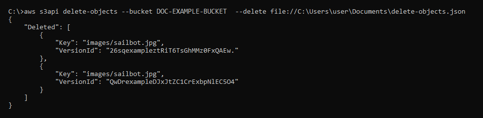 Hasil dari perintah AWS CLI delete-objects