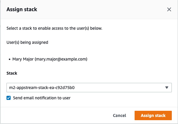 Halaman tumpukan AppStream 2.0 yang menampilkan pengguna dan tumpukan Enterprise Analyzer yang akan ditetapkan.