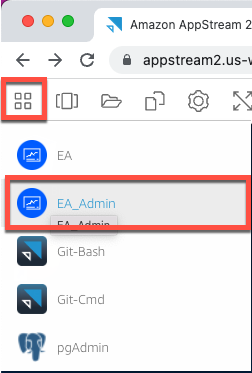 Menu pemilih peluncuran AppStream 2.0 dengan alat administrasi Micro Focus Enterprise Analyzer dipilih.