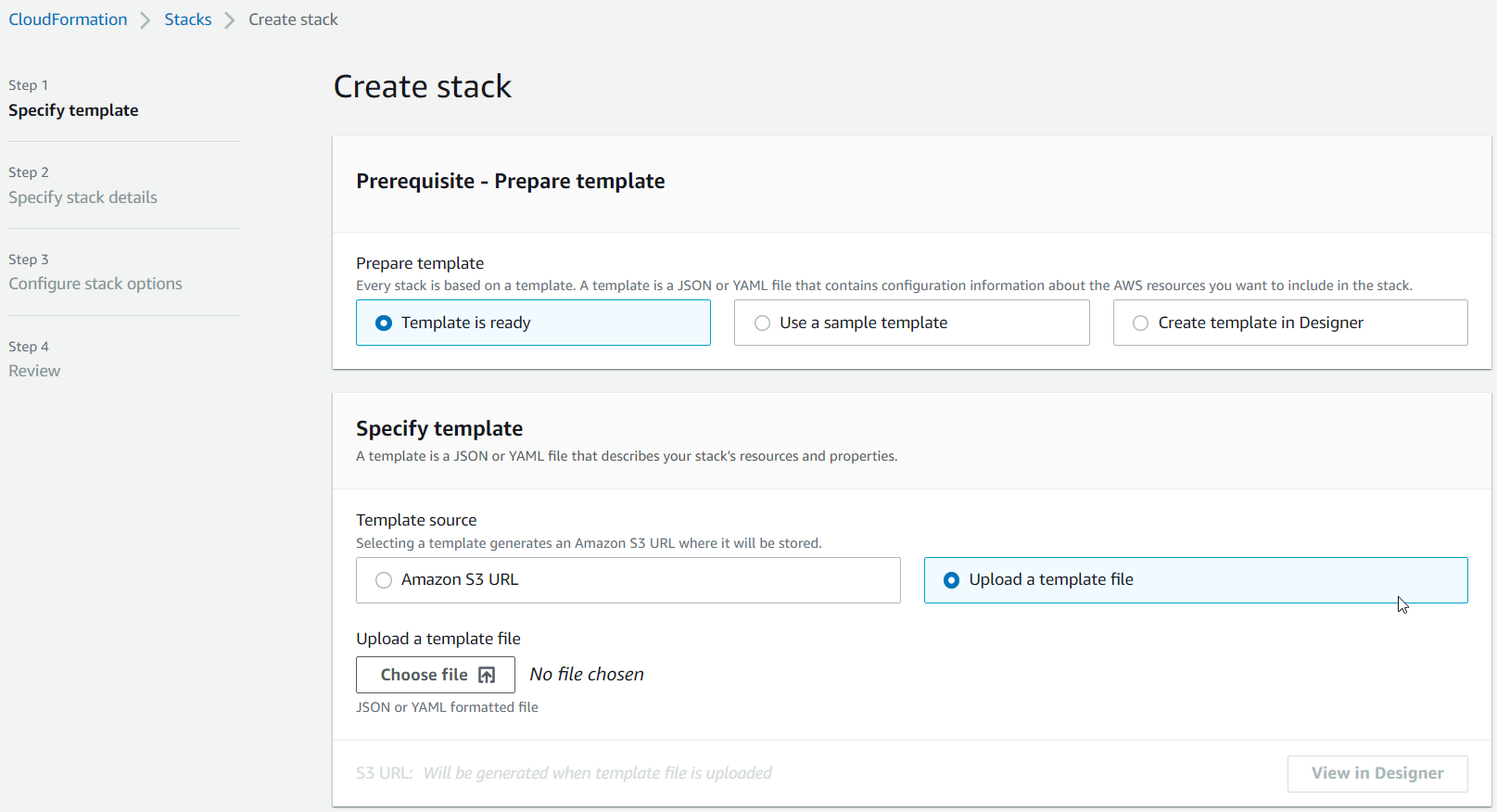 
            Halaman AWS CloudFormation buat tumpukan dengan template siap dan unggah file template yang dipilih.
          