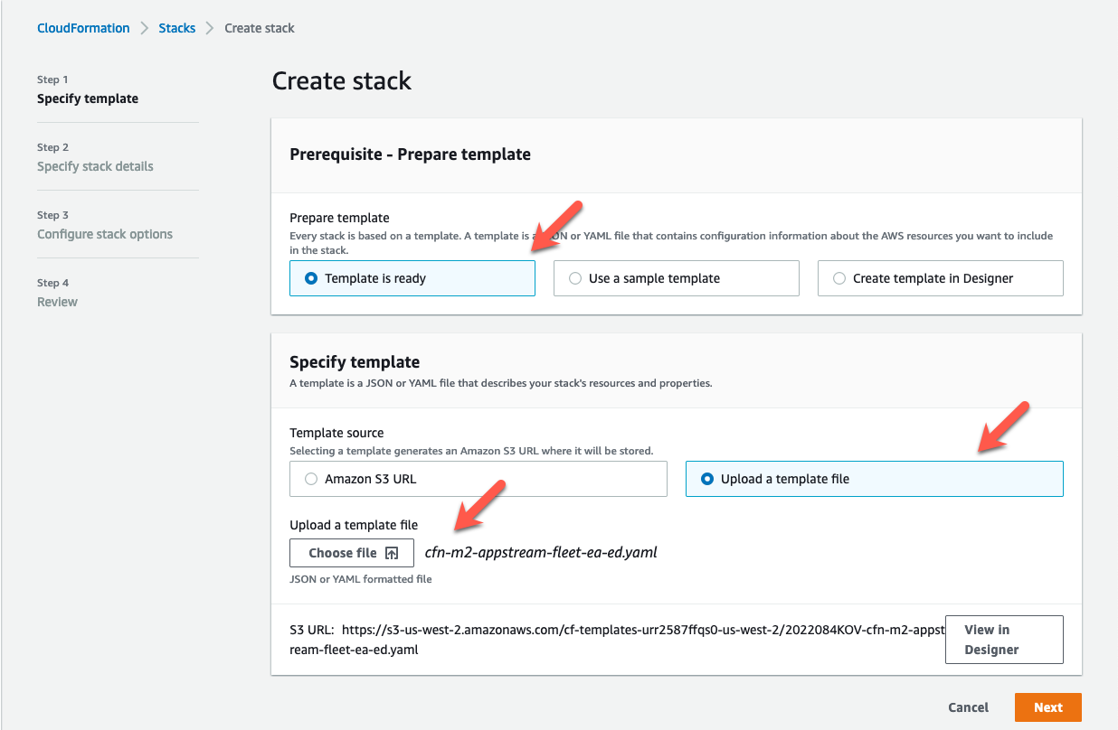 Halaman AWS CloudFormation create stack yang menampilkan template cfn-m2- appstream-fleet-ea-ed .yml. dipilih.