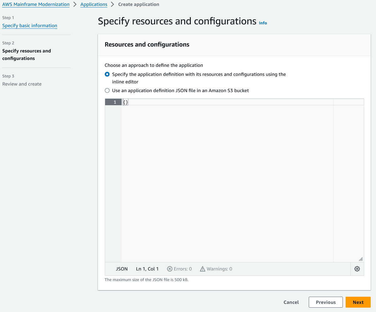 Halaman Tentukan sumber daya dan konfigurasi dengan file JSON ditampilkan di editor online.