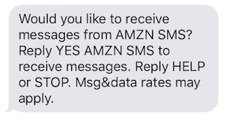 Text message offering to receive AMZN SMS messages with reply options for YES, HELP, or STOP.