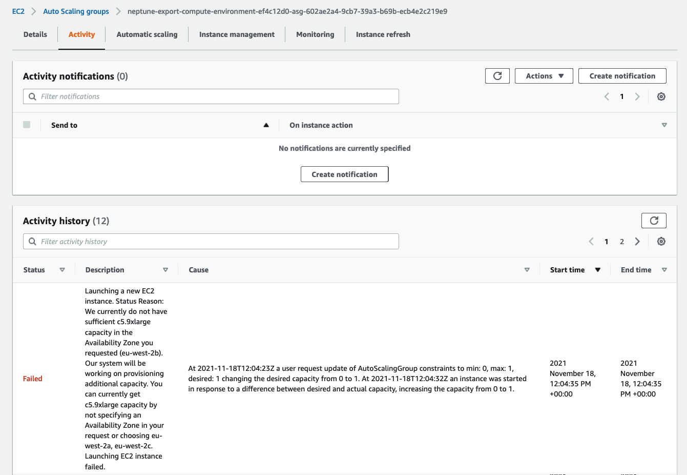 Tangkapan layar EC2 konsol Amazon saat memeriksa masalah Auto Scaling