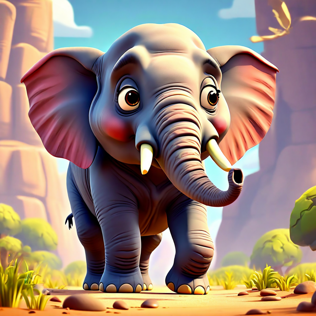 Gambar tersebut menggambarkan seekor gajah dalam gaya film keluarga animasi 3d.