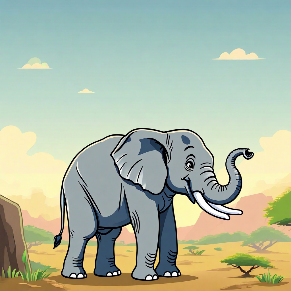 Gambar tersebut menggambarkan seekor gajah dalam gaya ilustrasi novel grafis.