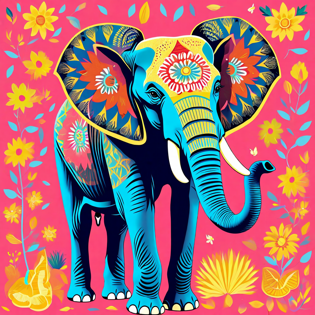 Gambar tersebut menggambarkan seekor gajah dalam gaya maksimalisme.