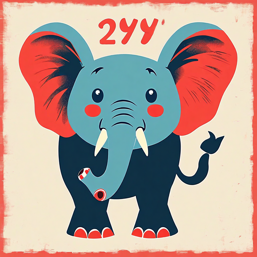 Gambar tersebut menggambarkan seekor gajah dalam gaya retro abad pertengahan.