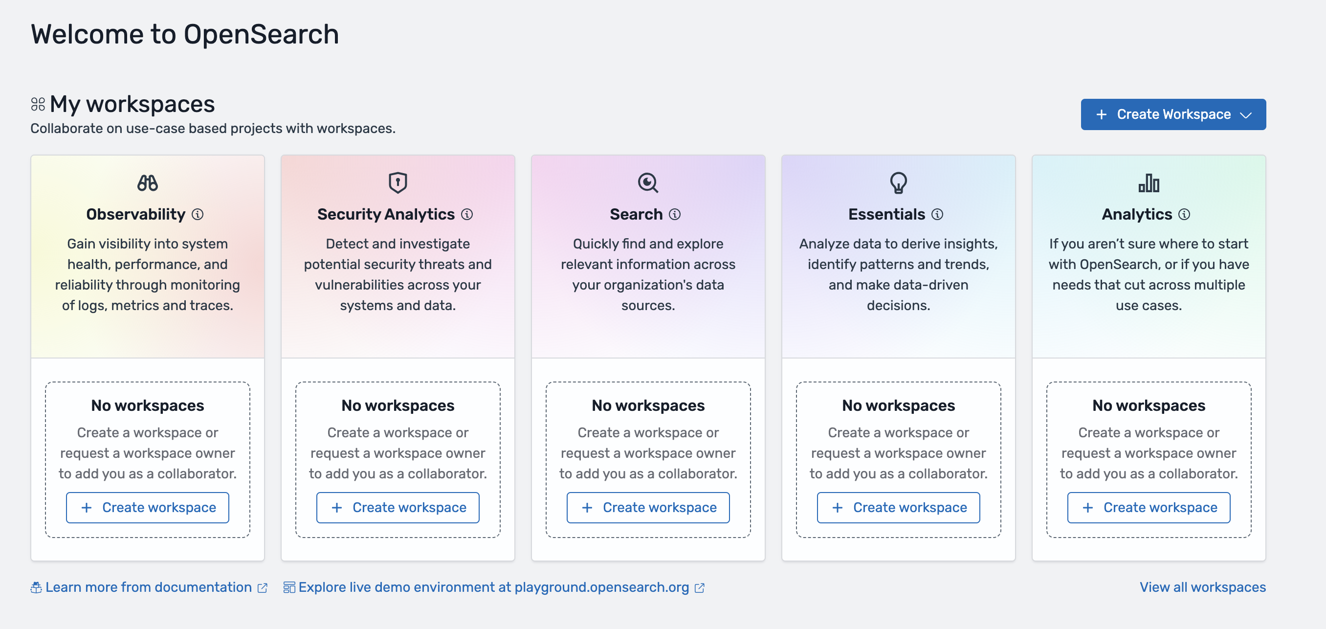 Area “Ruang kerja saya” di konsol dapat digunakan untuk membuat lima jenis ruang kerja yang berbeda: Observabilitas, Analisis keamanan, Penelusuran, Penting, dan Analytics. Anda juga dapat melihat semua ruang kerja yang ada di area “Ruang kerja saya”.