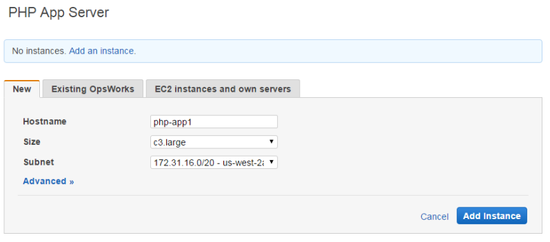 Form for adding a new PHP App Server instance with hostname, size, and subnet options.