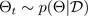 Mathematical formula showing theta subscript i distributed according to pi of theta given D.