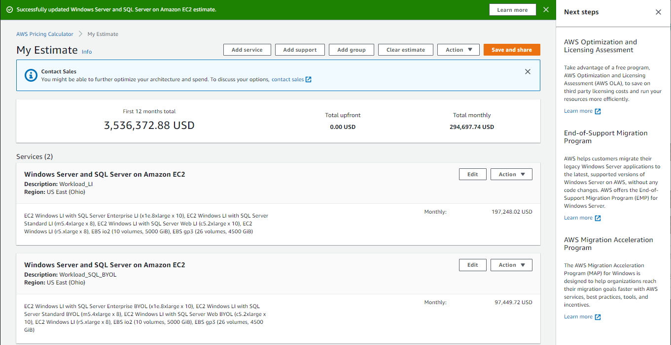 Screenshot konsol yang menampilkan halaman Perkiraan Saya dengan perbandingan harga untuk opsi lisensi yang berbeda.