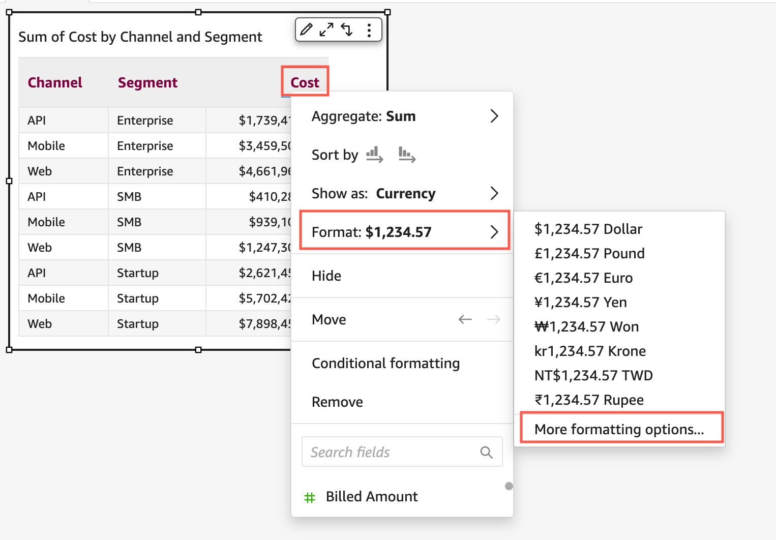 Akses panel Format data dalam visual.