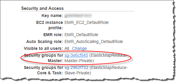 Tangkapan layar yang menyoroti nama grup keamanan simpul master EMR Amazon di konsol EMR Amazon.