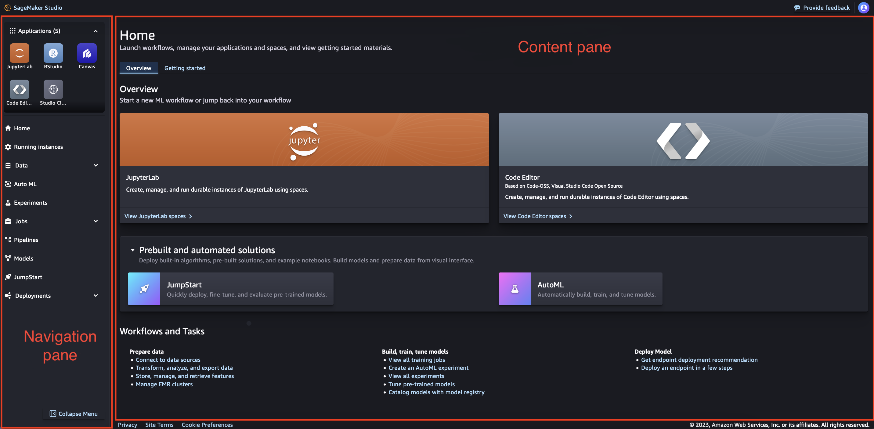 Halaman beranda Amazon SageMaker Studio dengan panel navigasi dan panel konten (area kerja utama).