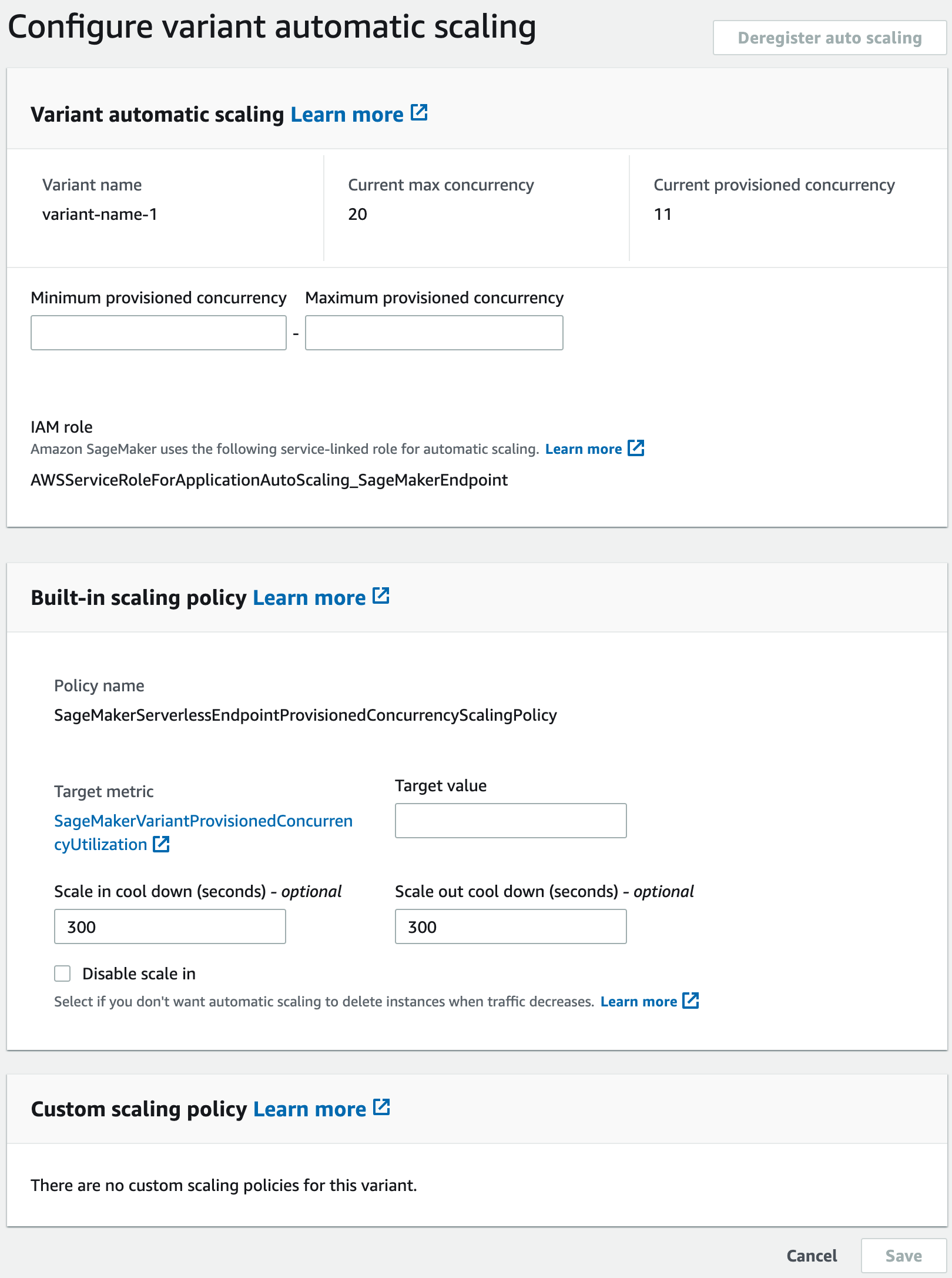 Tangkapan layar dari kotak dialog penskalaan otomatis varian konfigurasi di konsol.