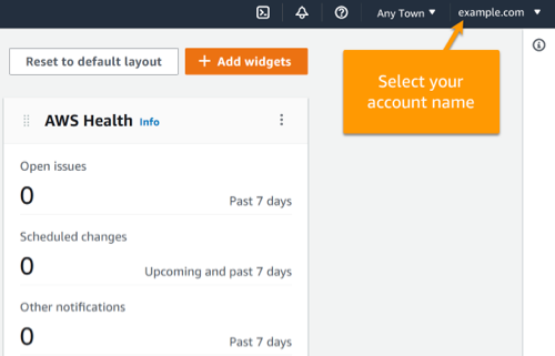 Nama akun pengguna yang masuk disorot di AWS Management Console.