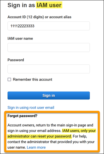 AWS Management Console menampilkan tautan kata sandi pengguna IAM lupa.