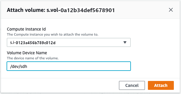 Lampirkan jendela volume yang menampilkan Compute Instance Id dan Volume Device Name