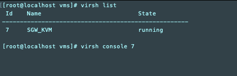 Terminal Linux menampilkan hasil daftar virsh dengan ID VM, nama, dan info status.