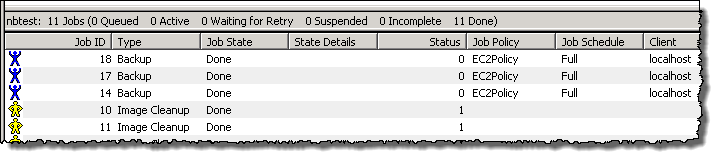 NetBackup layar monitor aktivitas yang menampilkan status pekerjaan cadangan.