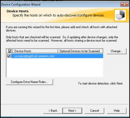 NetBackup wizard konfigurasi perangkat dengan komputer yang dipilih di kolom host perangkat.