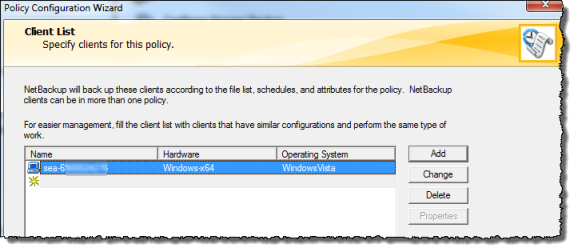 NetBackup wizard konfigurasi kebijakan yang menampilkan daftar klien.