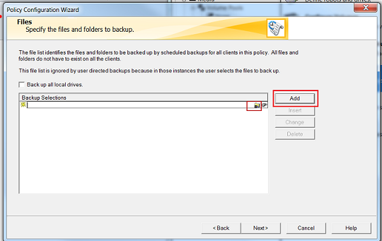 NetBackup wizard konfigurasi kebijakan yang menampilkan daftar file dan folder yang akan dicadangkan.