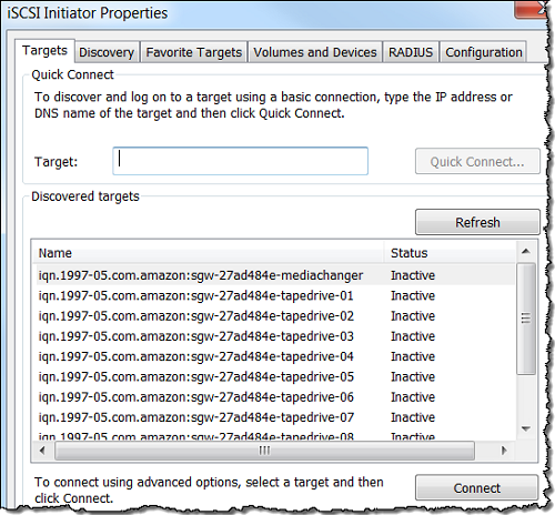 
						tab target properti inisiator iSCSI yang menunjukkan target yang ditemukan.
					