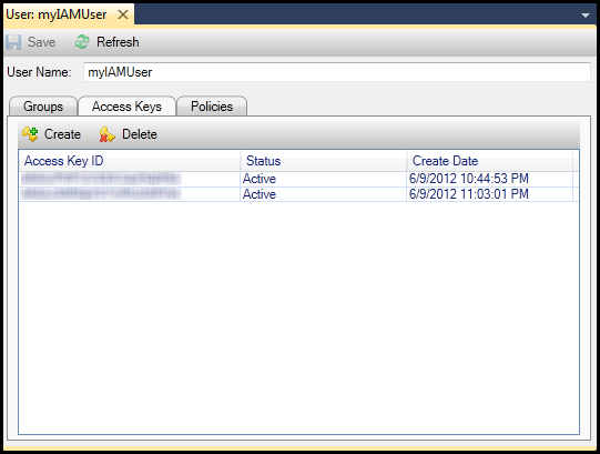 Pengguna IAM details window showing Access Keys tab with two active keys and their creation dates.