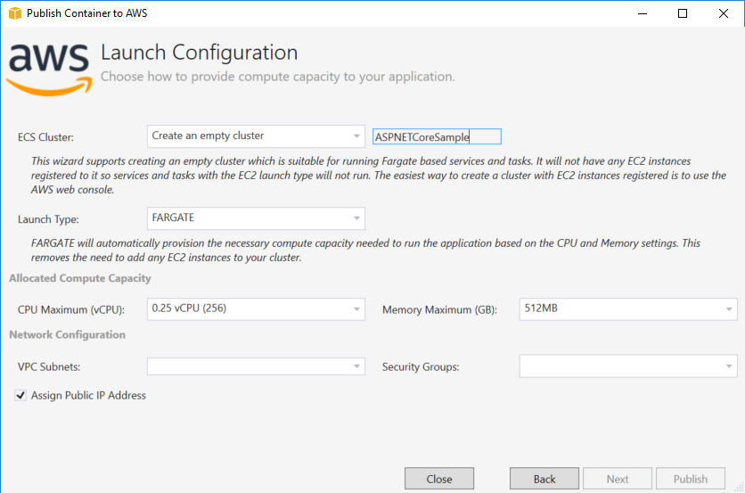 AWS Launch Configuration interface for creating an empty ECS klaster with FARGATE launch type.