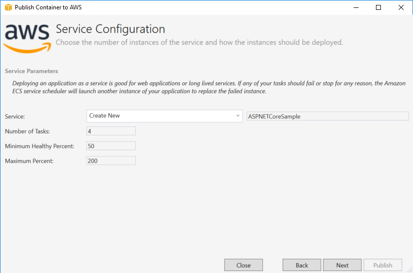 AWS Service Configuration interface for deploying an application with customizable parameters.