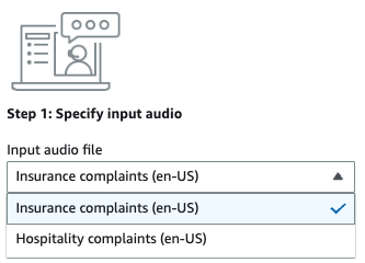 Amazon Transcribe screenshot konsol: pilihan dropdown untuk audio input demo.