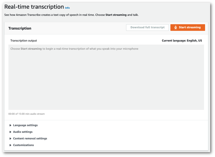 
                    Amazon Transcribescreenshot konsol: halaman 'transkripsi waktu'.       
                