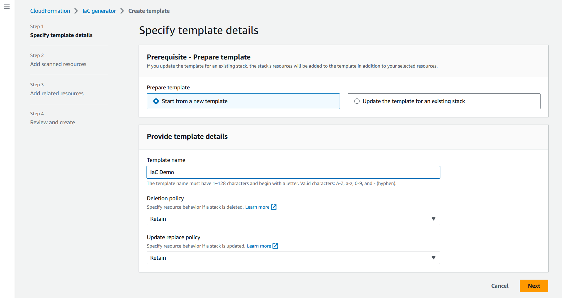 
      Specify template details page of IaC generator
     