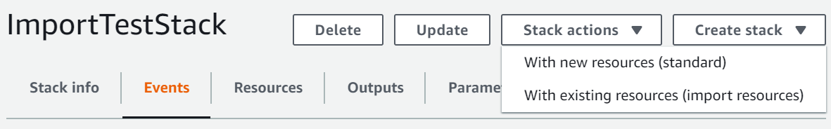 The Create stack from existing resources option in the console.